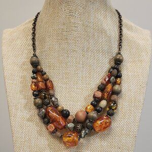 Yousi, Vintage signed Yousi amber, wood, glass, beaded multi strand necklace
